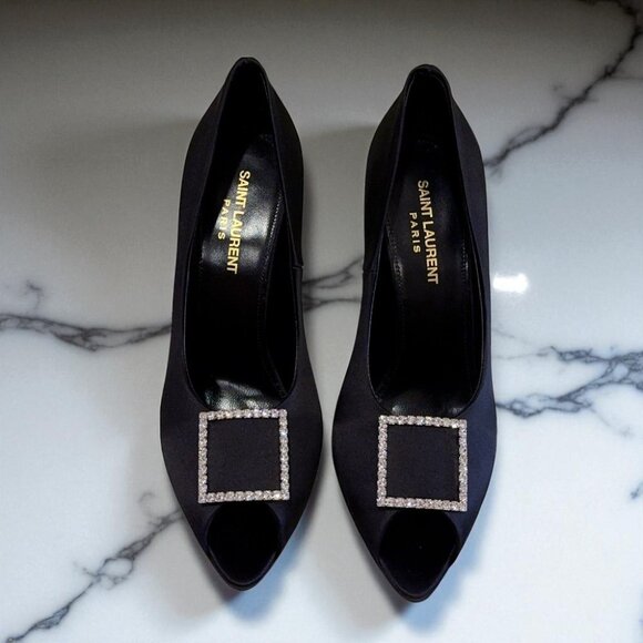 NIB Authentic Saint Laurent Black Frankly 115 Satin Peep Pump Sandals - Picture 2 of 16